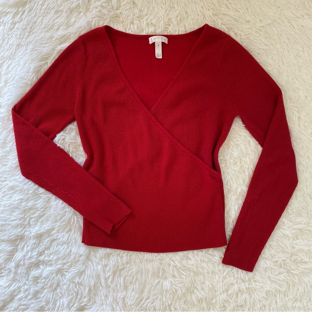 Leith Red Ribbed V neck long sleeve wrap top - Picture 7 of 14